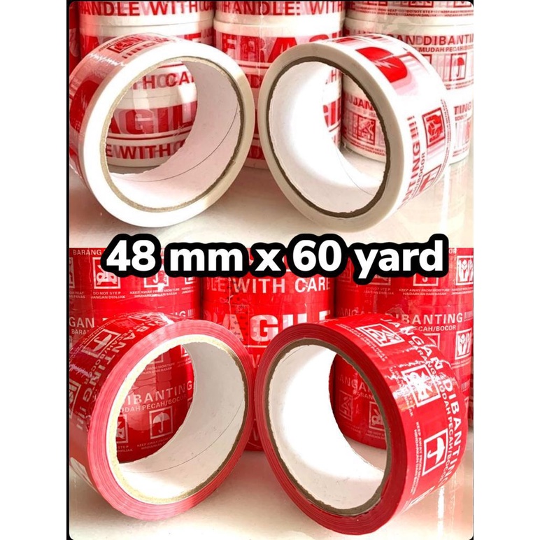 

Lakban FRAGILE 60 yard x 48 mm MERAH / PUTIH Terlaris Super Murah