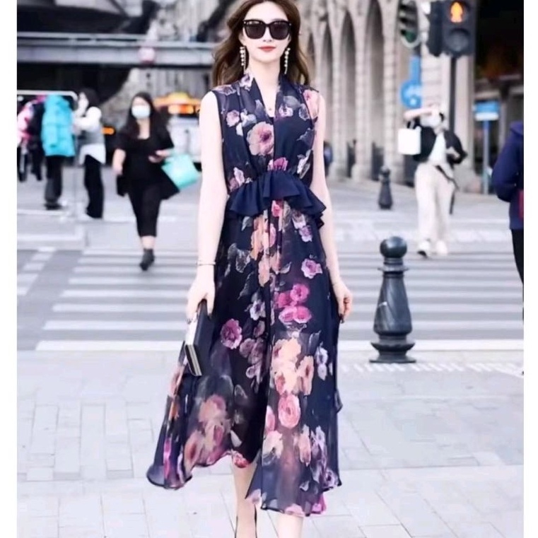 12511 Baju long dress Maxi dress FLORAL VNECK tanpa lengan dres pantai Korea Korean style wanita imp