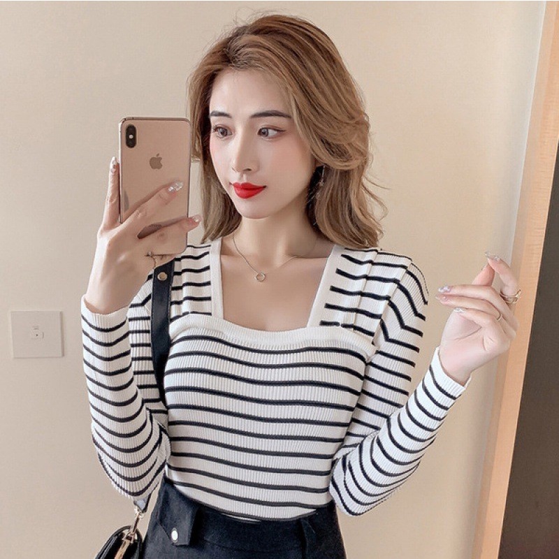 AJWShop XW Atasan Rajut Lengan Panjang Wanita Premium Import Salur Garis Garis | Baju Rajut Wanita Lengan Panjang Import Korean Style Square Neck Kerah U | Kaos Rajut Wanita Lengan Panjang Premium Import | Baju Import Wanita Bangkok