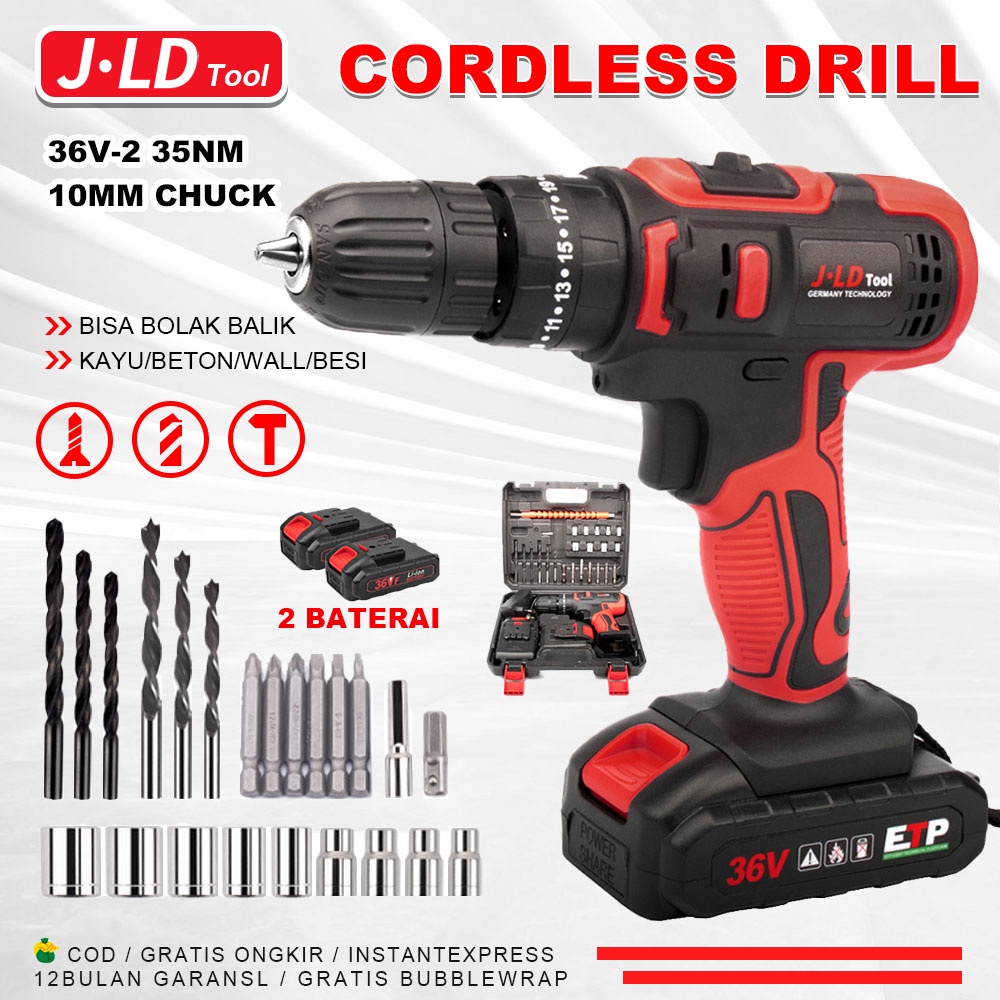 JLD mesin bor baterai cas komplit 36VF bor impact 10mm mesin bor tangan bor listrik murah bor jld 36