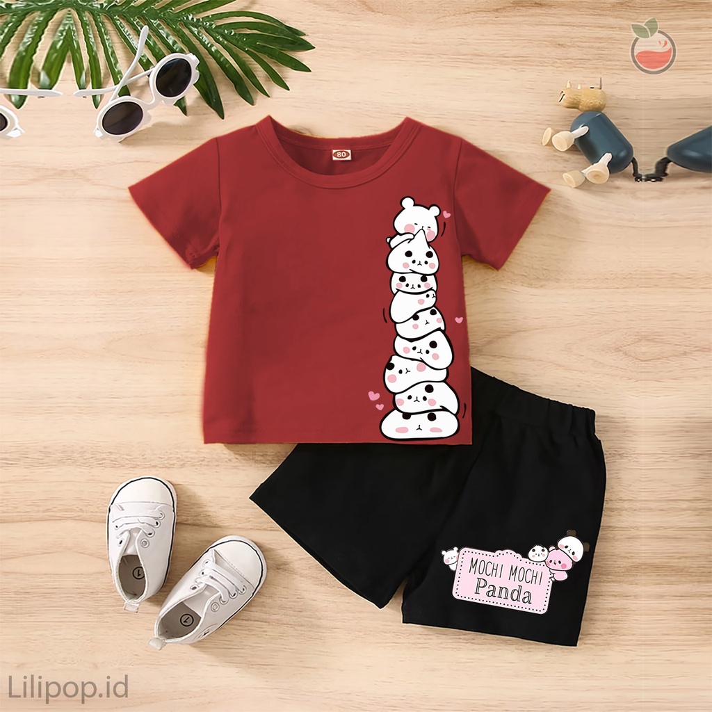 Baju Anak Stelan Kaos 3/4  MOCHI PANDA Cowok Cewek  Usia 1 - 4 Tahun Celana Pendek Harian