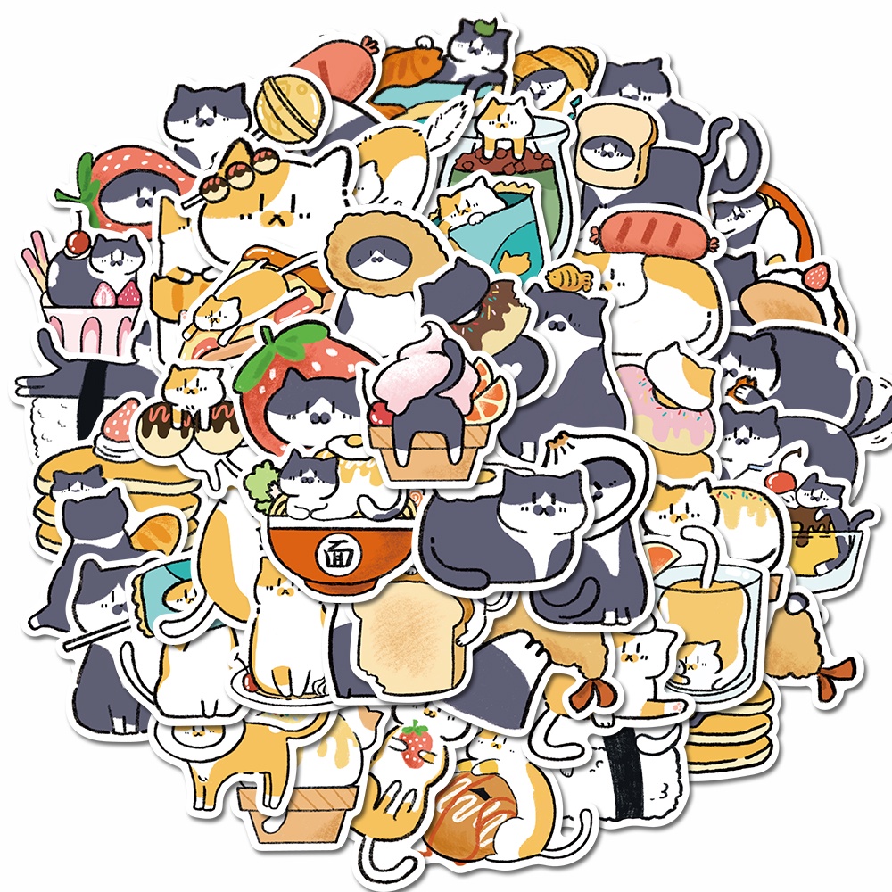 50pcs Japanese food cat stickers Cute cartoon hand account stickers Mobile phone water cup decoration waterproof sticker