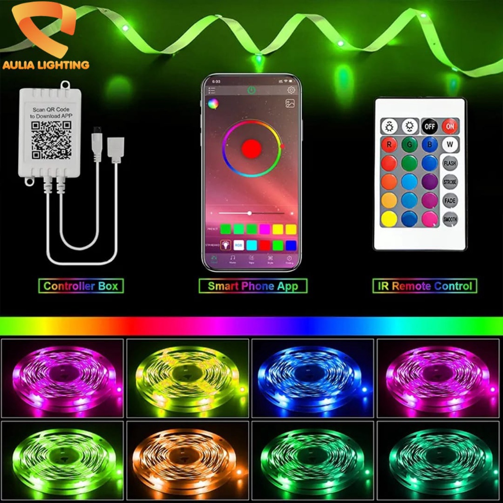 LAMPU LED STRIP RGB SMD 5050 + ADAPTOR + REMOTE BLUETOOTH 5M 10M APP SMARTPHONE WIRELESS HIAS KAMAR