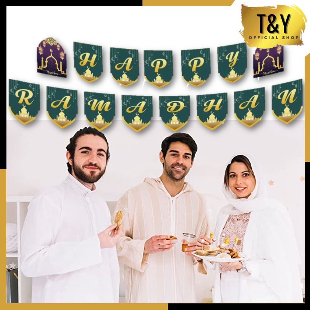 T&amp;Y Banner Flag Happy Ramadhan Bunting Set Warna Warni Backdrop Lebaran Dekorasi Hari Raya Murah