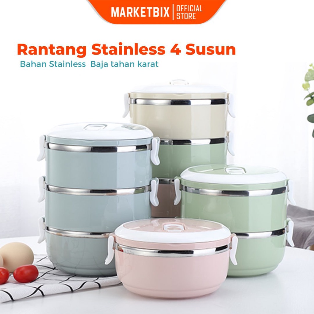 Rantang 4 Susun Warna Kombinasi Bahan Stainless / Lunch Box Plastik/ Lunch Box Lucu/ Rantang Stainless 4susun