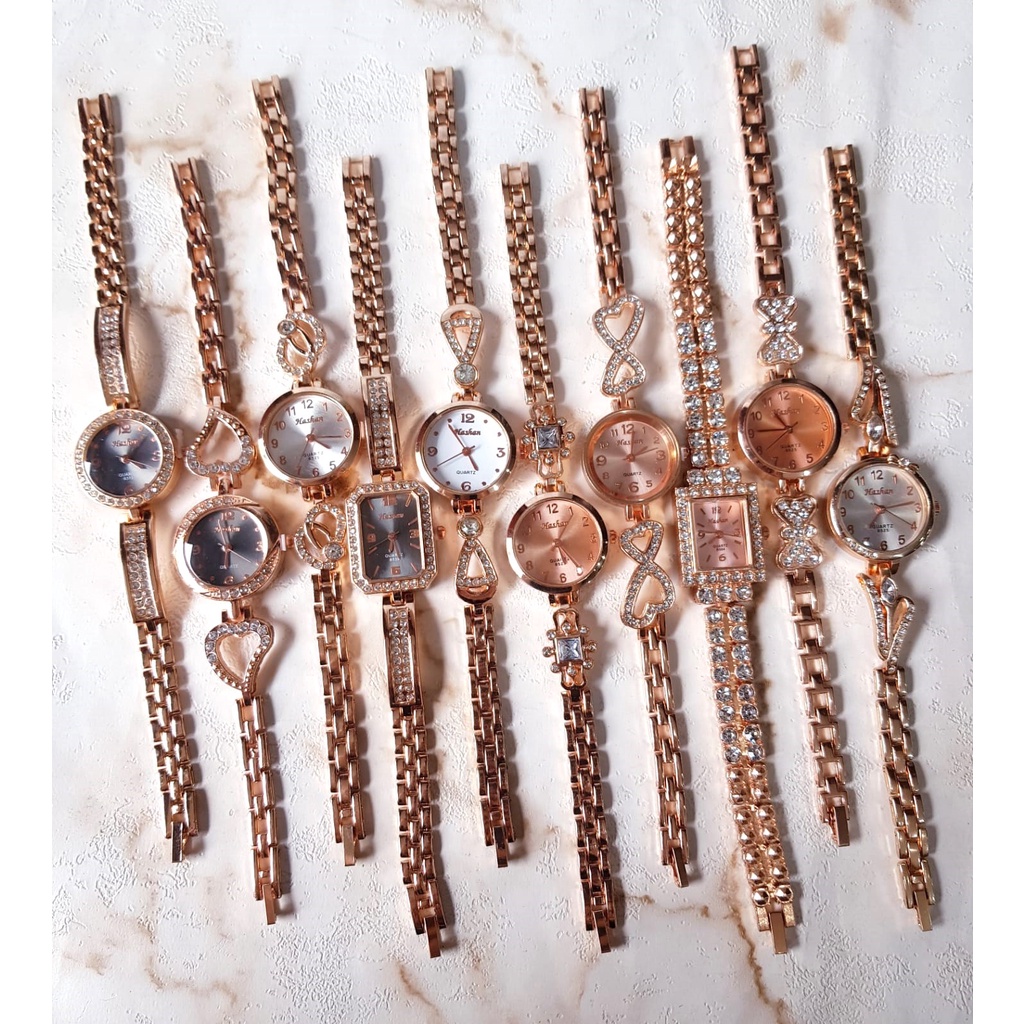 Model baru, Jam tangan wanita rantai analog Hashan motif perhiasan warna Rosegold Emas Suasa