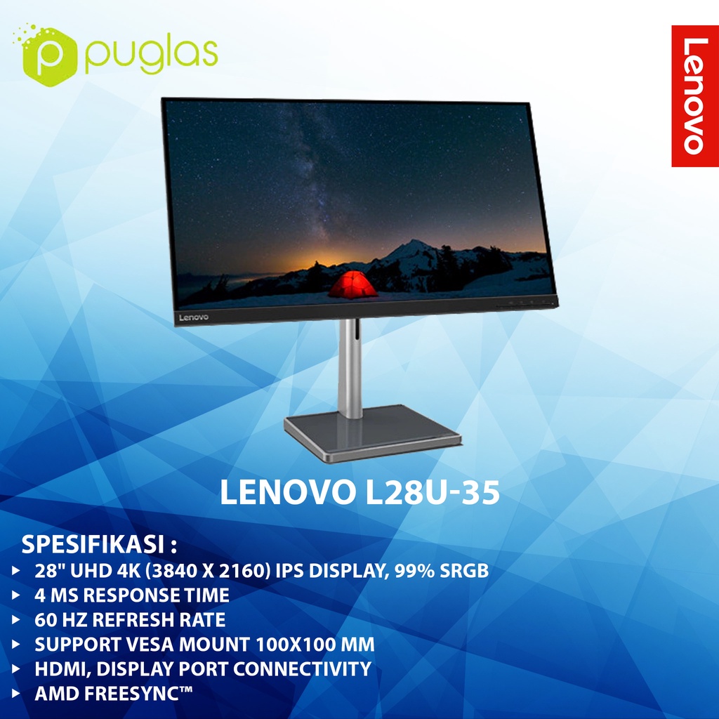 LED Monitor Lenovo L28u-35 IPS 4K UHD HDMI DP 60Hz Komputer Laptop PC
