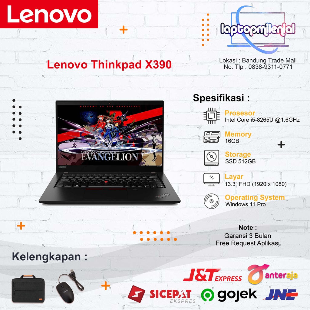 Laptop Lenovo Thinkpad X390 Core i5 Gen 8 NVMe 256GB Slim Bertenaga 13.3&quot; FHD Win 11 Pro Siap Pakai