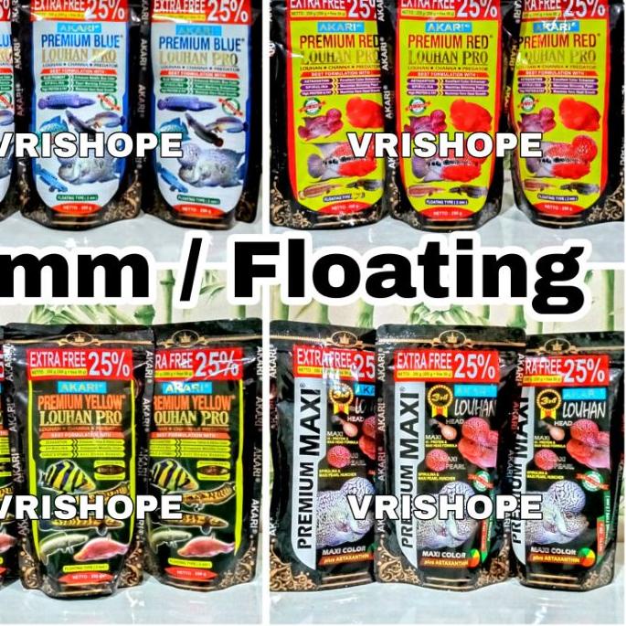 ♗ Akari Premium Blue Yellow Red Maxi Louhan Pro 250 gram, Pelet Ikan Louhan Channa Predator 2mm Floa