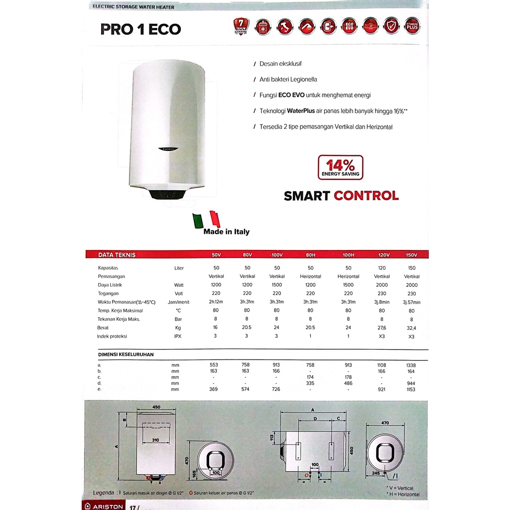 Ariston Pro1 Eco 80 Liter Water Heater Listrik 1200 Watt Vertikal Pemanas Air Mandi