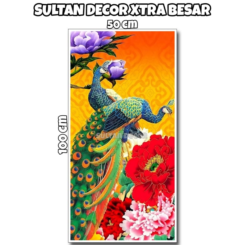 LUKISAN POSTER CETAK BURUNG MERAK XTRA BESAR UKURAN 100X50CM 200X100CM HIASAN DINDING PEMANDANGAN AL