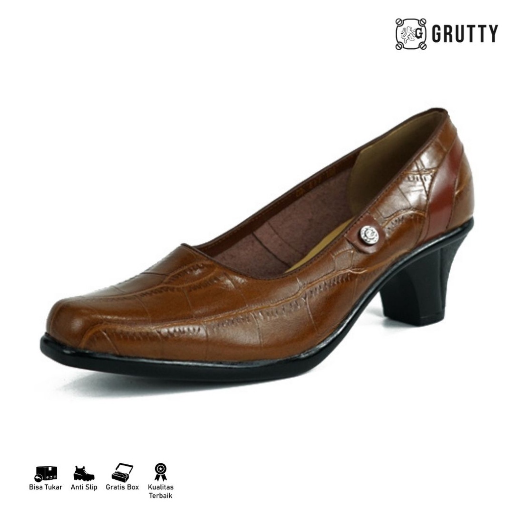 Sepatu wanita pantofel kerja heels kulit Grutty JMS113 TAN