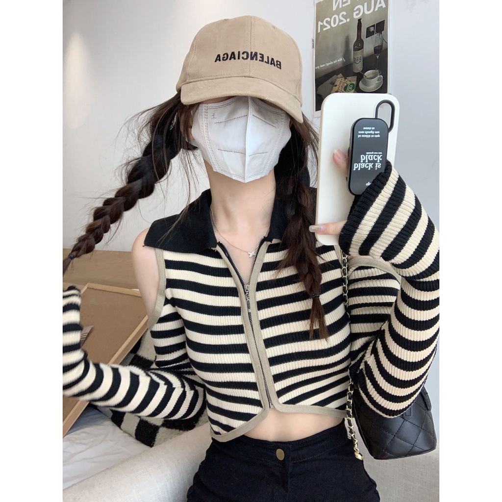 Red Gadis seksi retro bergaris off-shoulder lengan panjang rajutan cardigan wanita musim panas rasa desain niche slim fit all-match atasan pendek