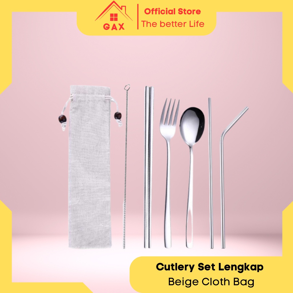 Cutlery Set Perlengkapan Alat Makan Sendok Garpu Sumpit Sedotan Stainless Steel Beige Cloth Bag Tas 