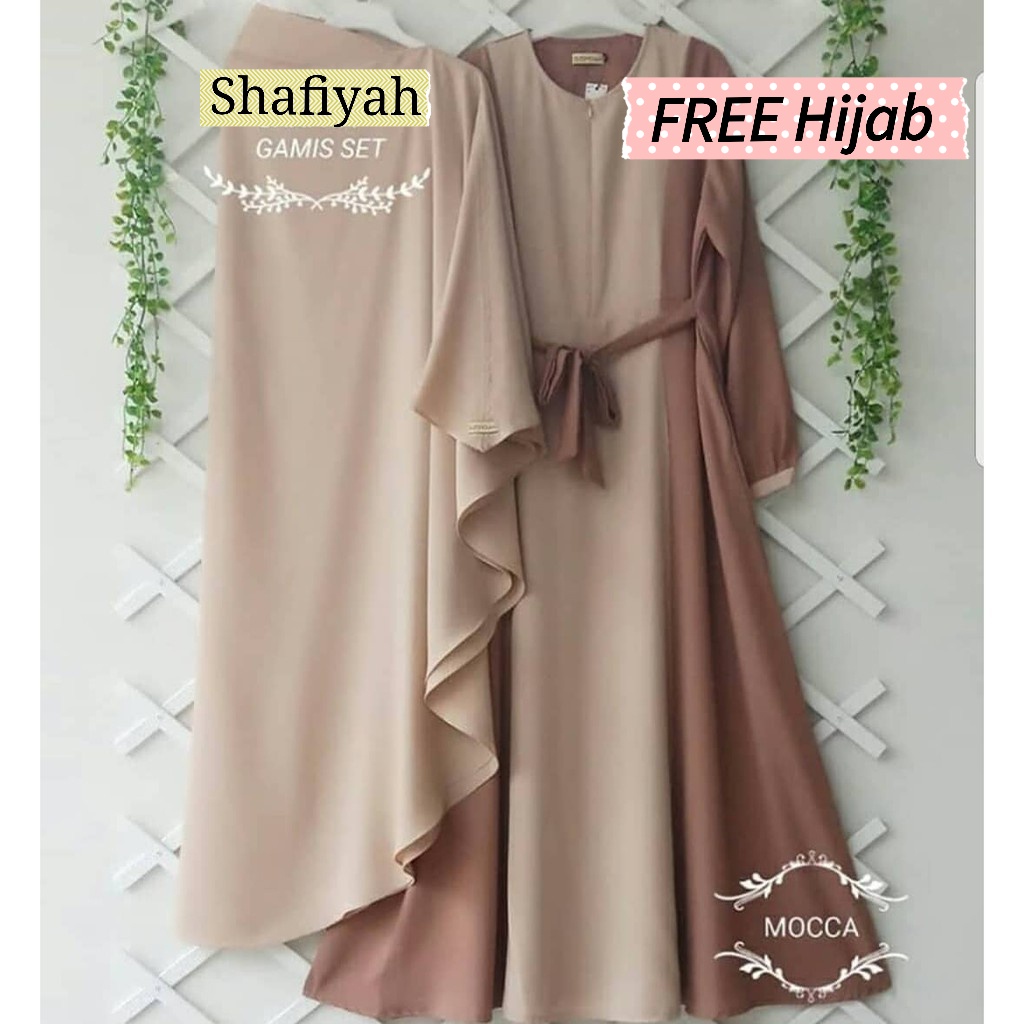 SHAFIYAH - Gamis Baju Dress Wanita Syari Busui FREE HIJAB Fashion Muslim Warna 2 Kombinasi Polos Cok