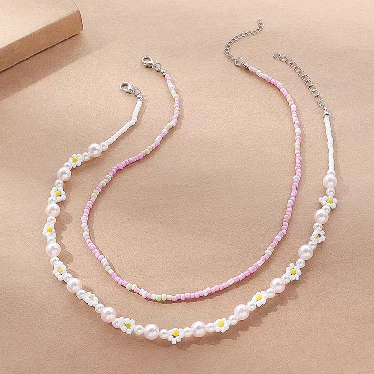 Kalung Manik-Manik Merah Muda Set Perempuan Musim Panas Manis Warna-Warni Bunga Klavikula Rantai Set