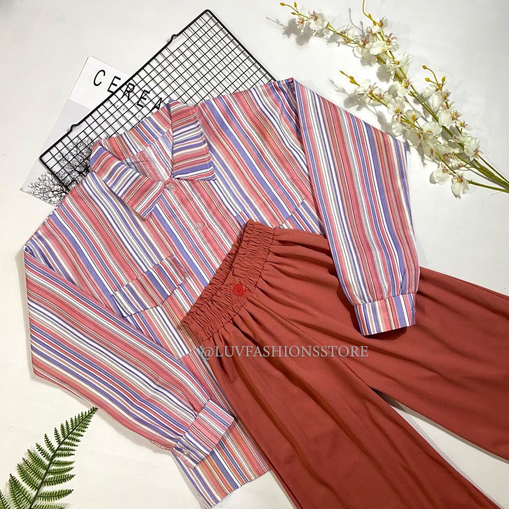 IL - SETELAN WANITA KEMEJA SALUR / ONE SET ATASAN WANITA STRIPE / KULOT 2 KANCING CREPE