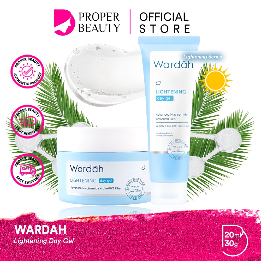 WARDAH Lightening Day Gel Indonesia / Pelembab Wajah 20ml 30g / Advanced Niacinamide UVA/UVB Filter / With UV &amp; Blue Light Protection / Normal to Oily Skin / Mencerahkan Melembabkan Moisturizer Glow / Skincare Face Care Series / Cream Krim Muka Pagi Night