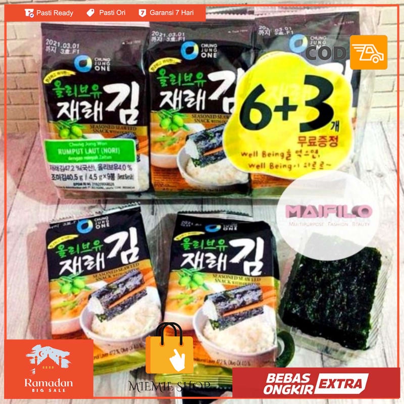 

Chung Jung One Seaweed 63 Nori Olive Oil / Rumput Laut Korea
