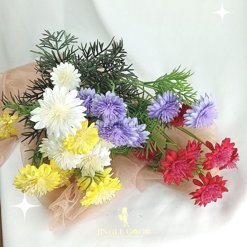 Bunga Artificial Dekorasi Krisan 7 Kuntum Aster Pompom Tangkai Panjang Bahan Buket Matahari Putik Da