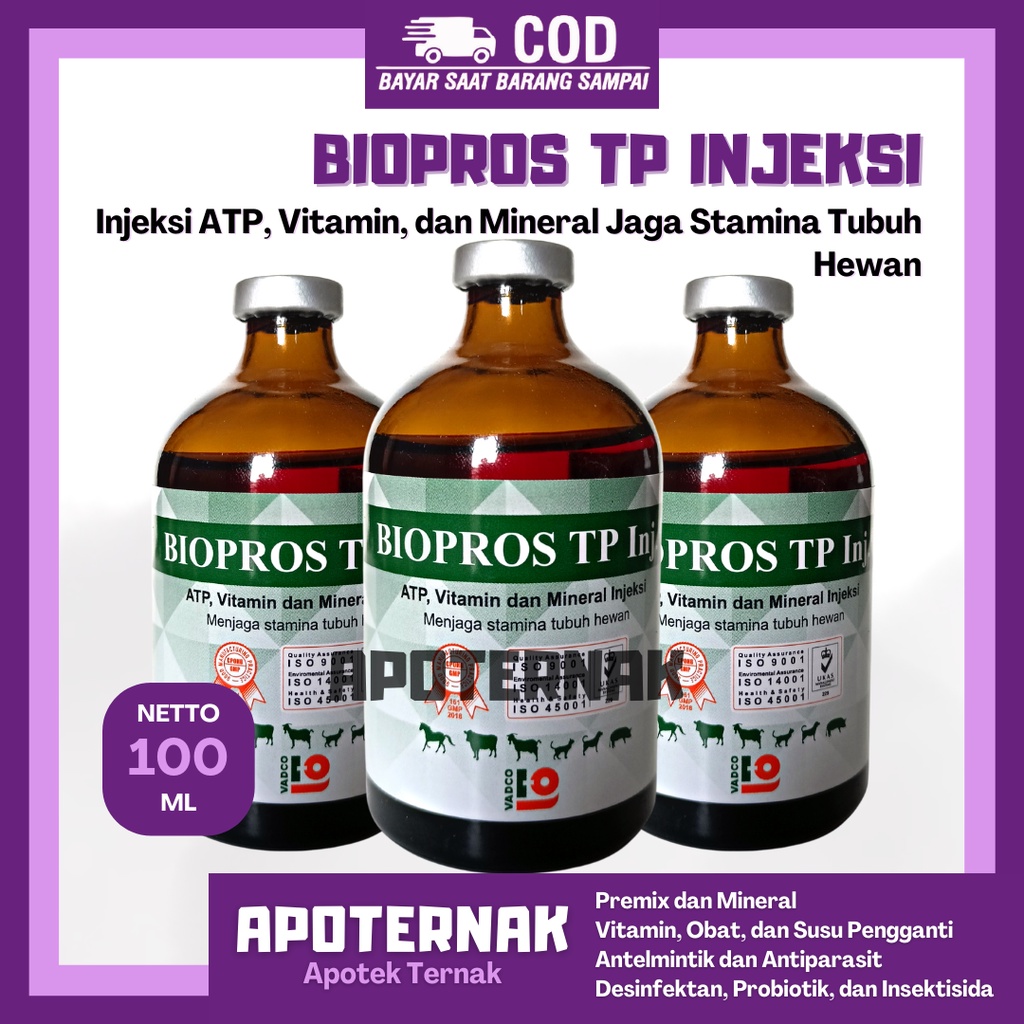 BIOPROS TP 100 mL | ATP Vitamin Mineral Jaga Stamina Tubuh Sapi Kuda Kambing Kucing | Like Biosan Rheinbio Biodin | VADCO | Apoternak