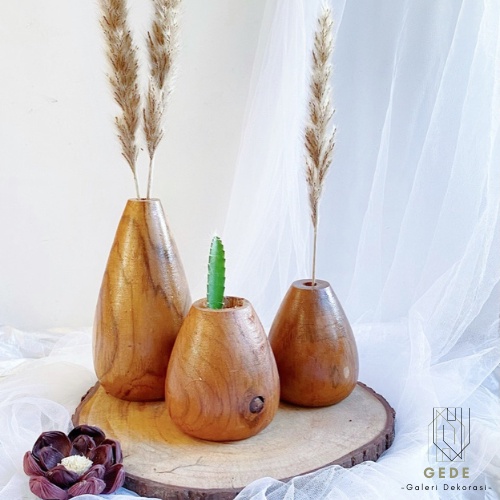 Vas Bunga Aesthetic Kayu Jati Asli Vas Bunga Cantik Harga Grosir Murah Hiasan Meja Ruangan