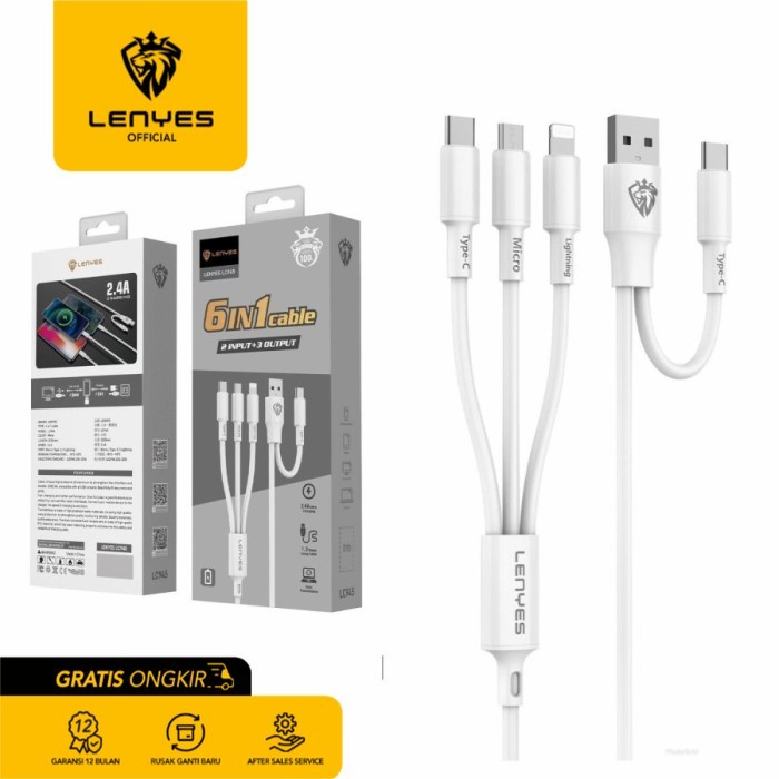 LENYES LC945 2.4A 6 In 1 Kabel Data 1.2m Micro USB Type C Lightning casan