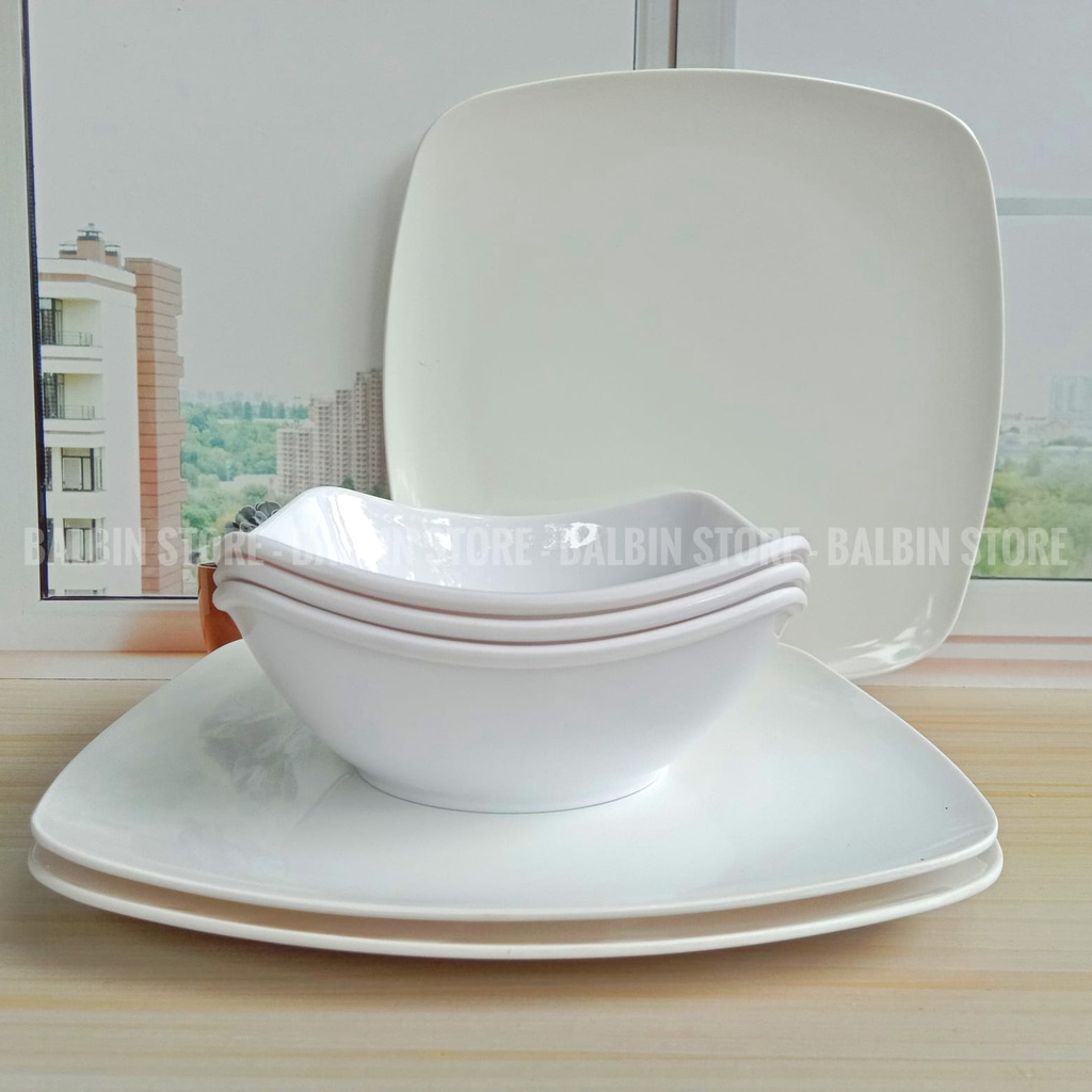 PROMO PAKET HEMAT 6 PCS ISI PIRING SAJI 9&quot; MELAMINE DAN MANGKUK KOTAK 6&quot; INC MELAMIN - Food Grade