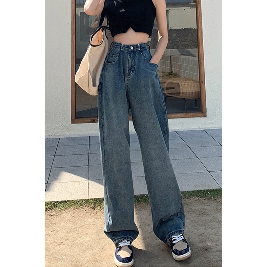 EUNII Celana Jeans Wanita Boyfriend Celana Panjang Jeans Loose High Waist Korean style