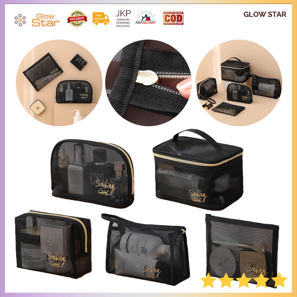 Tas Make Up Kosmetik Transparent Transparan hitam elegan gold Perlengkapan kecantikan serbaguna Mesh Octagon Bag - Black Smiling Girl alat tulis bolpen