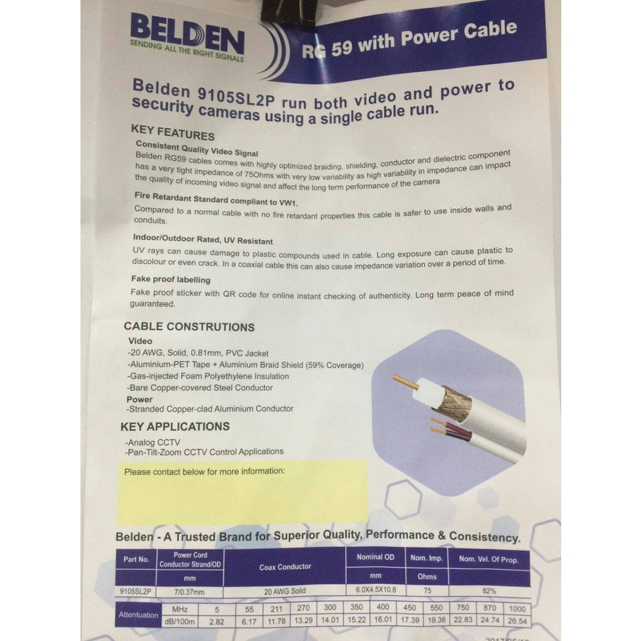 Belden Kabel CCTV Coaxial RG59+ Power 9105SL2P 305M Original