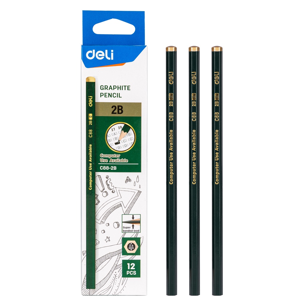 Deli Graphite Pencil / Pensil Kayu 2B 1 Pack Isi 12pcs Kualitas Bagus EC88