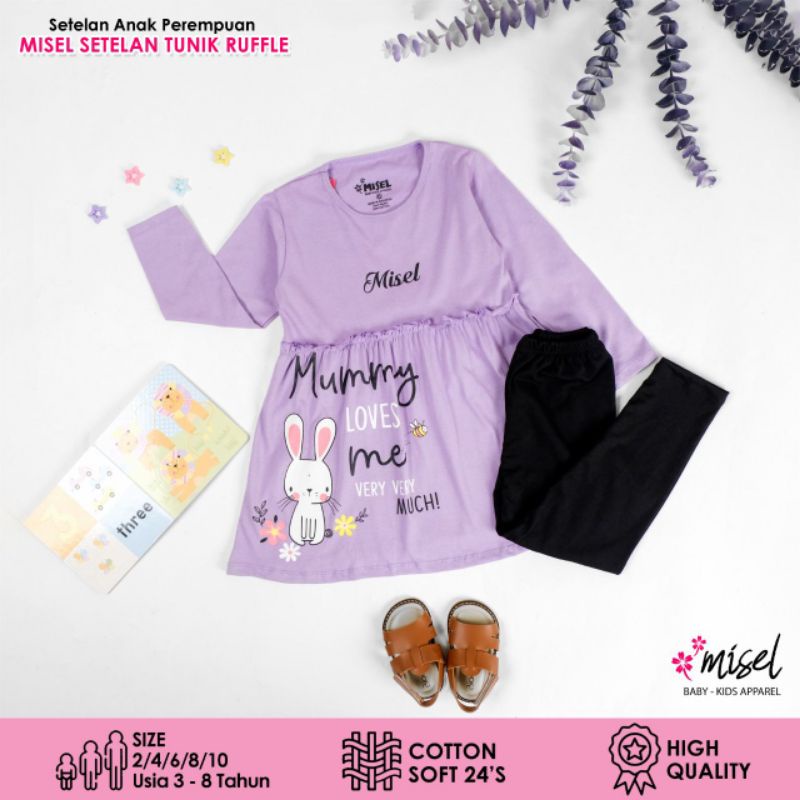 TERMURAH - Umur 1 2 3 4 5 6 7 8 9 10 tahun - Misel Setelan Tunik Ruffle BT21 - Ungu Rabbit - Setelan