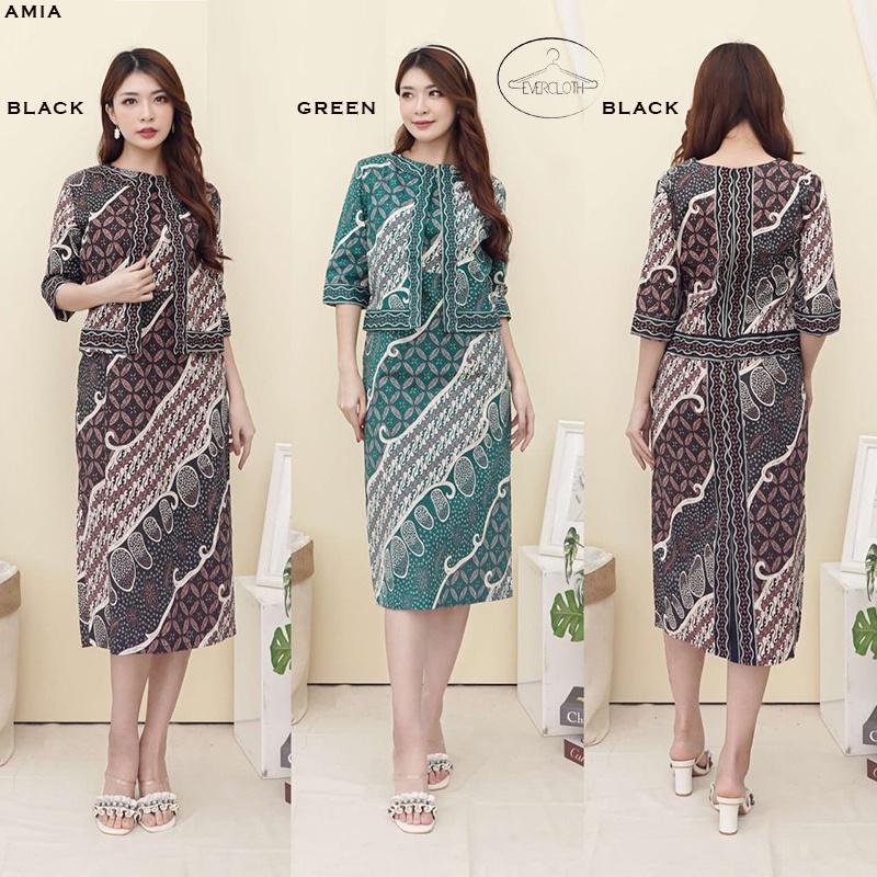 Evercloth Amia Dress Batik Wanita Dress Wanita Terusan Batik Couple Blazer 3/4 Luaran Outer Seragam Family Set Gaun Batik Kerja Sarimbit