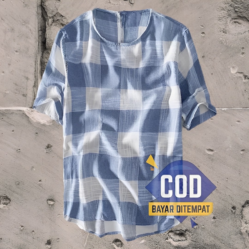 Koko Pria BLUSH KOTAK KOTAK KERAH BULAT LENGAN PENDEK KAOS KATUN ATASAN OVER SIZE KEKINIAN SIZE JUMB