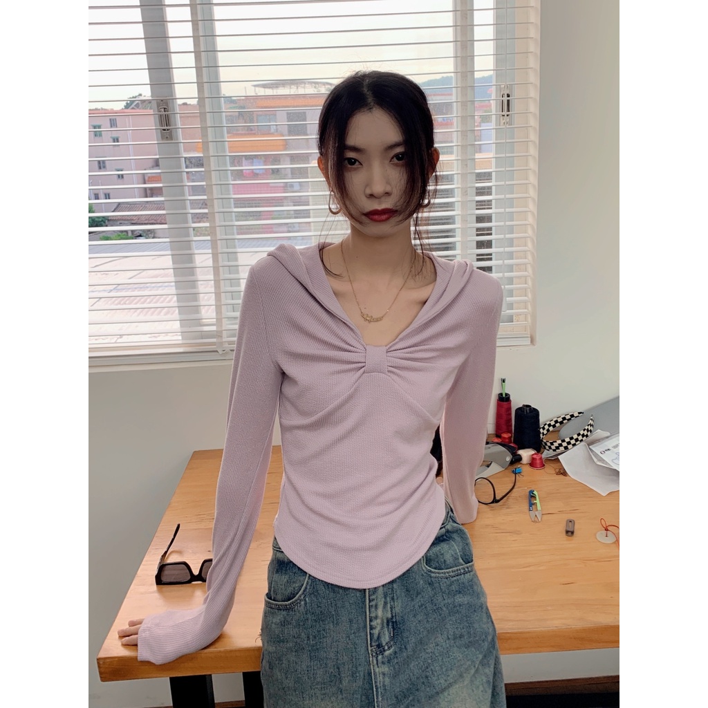 Red Gaya amerika bahu t-shirt pakaian luar berkerudung atasan rajut busur bottoming kemeja slim-fit manis keren lengan panjang musim semi baru