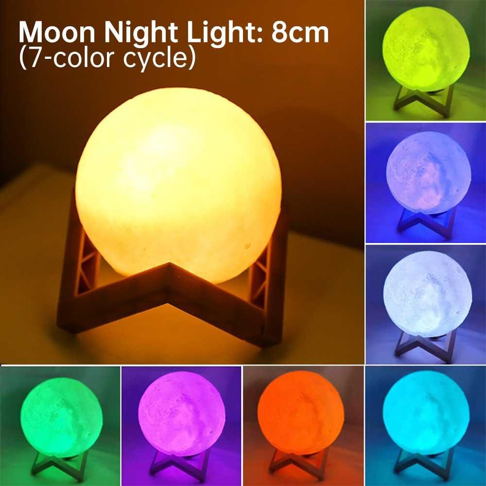 Lampu Tidur Bulan 3D Printed Moon Night Light Lamp 7 Color 1W - OU12 - Multi-Color