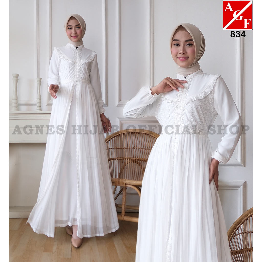 Agnes Baju Gamis Putih Wanita Brukat Baju Lebaran Umroh Haji Busana Muslim Wanita 834