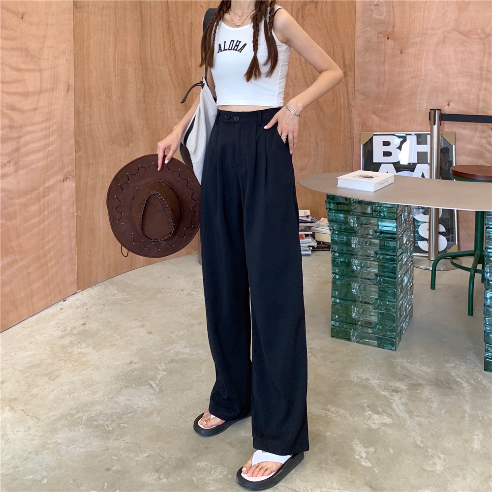 EUNII Celana Panjang Khaki Wanita Retro Basic Color Kasual Loose High Waist Straight Pants Korean Style