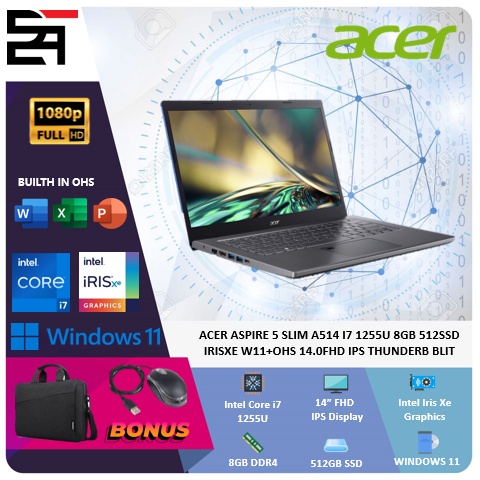 Acer Aspire 5 Slim A514 i7 1255U 8GB 512GB SSD Iris Xe W11 OHS 14 Inchi FHD IPS  Blit