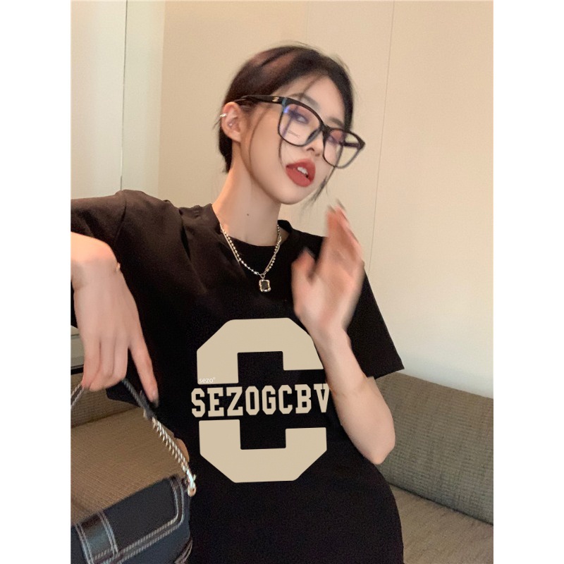 EUNII T-shirt Lengan Pendek Retro Letter C Korean Style/Kaos Atasan Wanita/Baju Kaus Oversize Wanita/Kaos Wanita