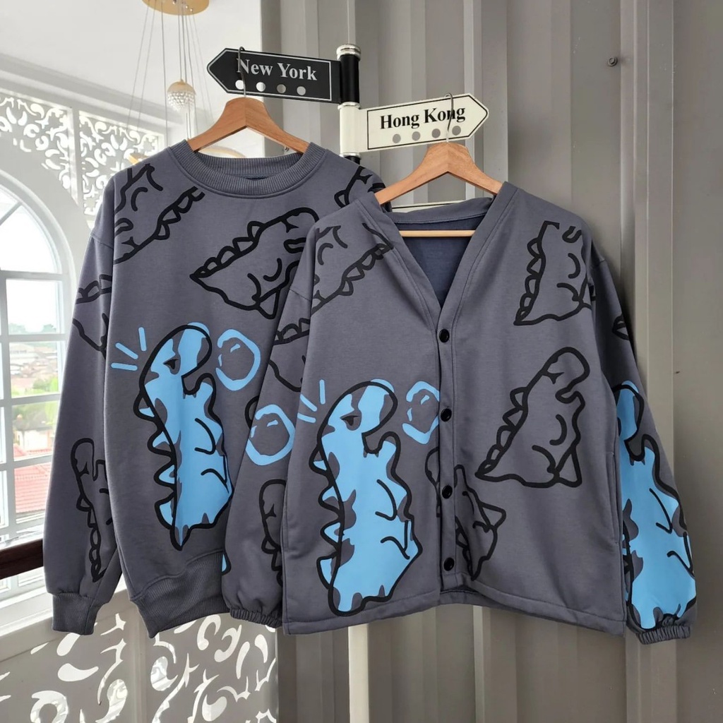 (isi 2 pcs) Jaket Couple Pasangan CRAYON DINO Sweater + Kardigan / Sweater Couple / Jaket Dinosaurus