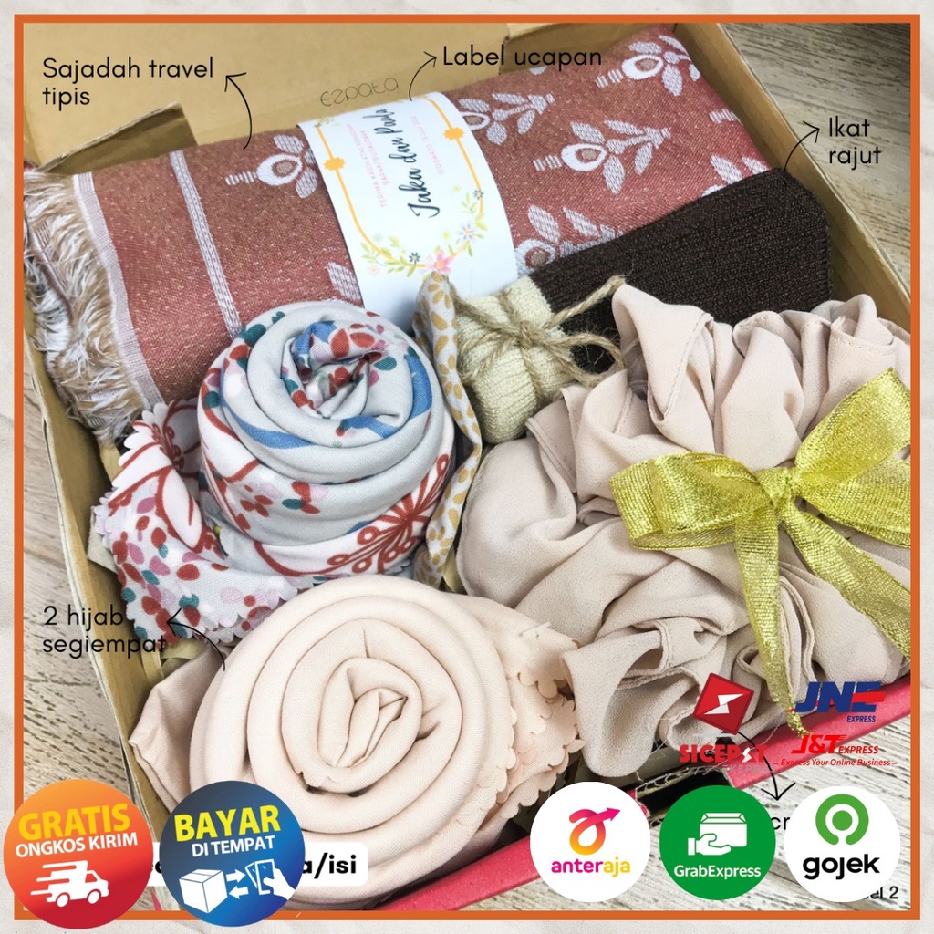 Ezpata Souvenir Haji Parcel Lebaran Spesial Premium Free Label Ucapan Packing Kardus Sajadah Hijab Terbaru 2023