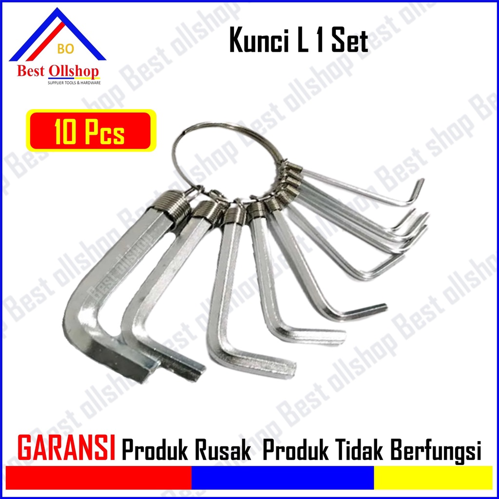 Kunci L Set 10 Pcs Hex Hexagonal Key Wrench Chrome / Kunci L 1 Set Murah Isi 10 Pcs