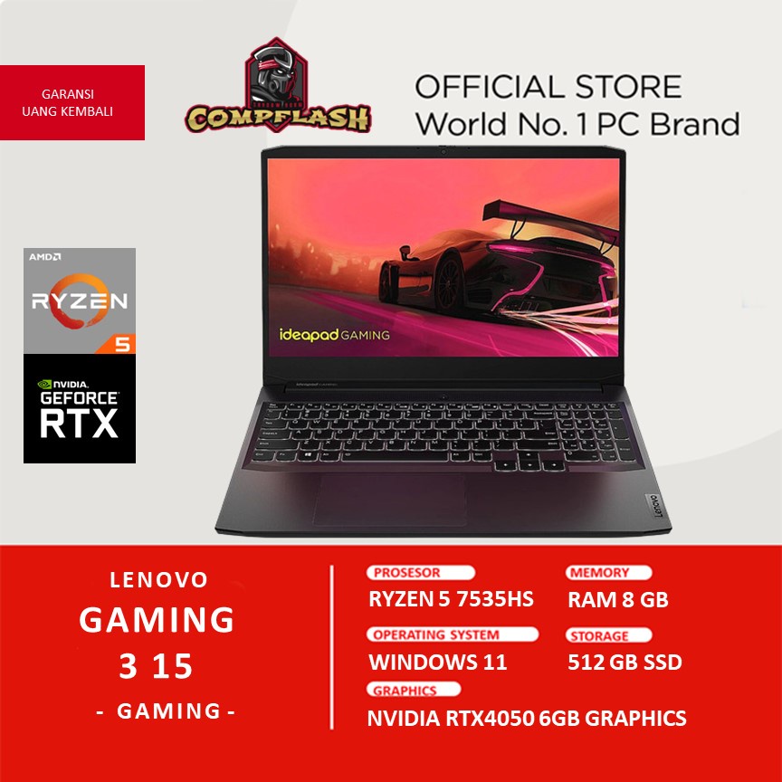 LAPTOP LENOVO GAMING 3 15 RTX4050 6GB RYZEN 5 7535HS RAM 8GB 512GB SSD QHD IPS 165HZ MOS