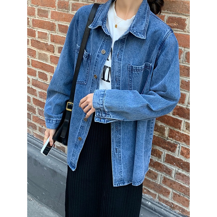 EUNII Kemeja Denim Wanita Lengan Panjang All-match Oversize Jaket Retro Korean Style Baju wanita