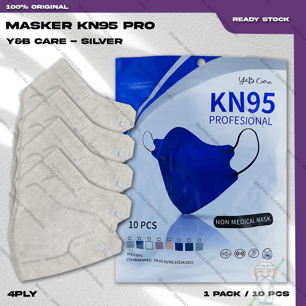 Masker KN95 PRO Y&amp;B CARE 4Ply Isi 10Pcs Silver Abu Muda 95PRO KN 95 PRO 4 Ply Earloop Surgical Mask