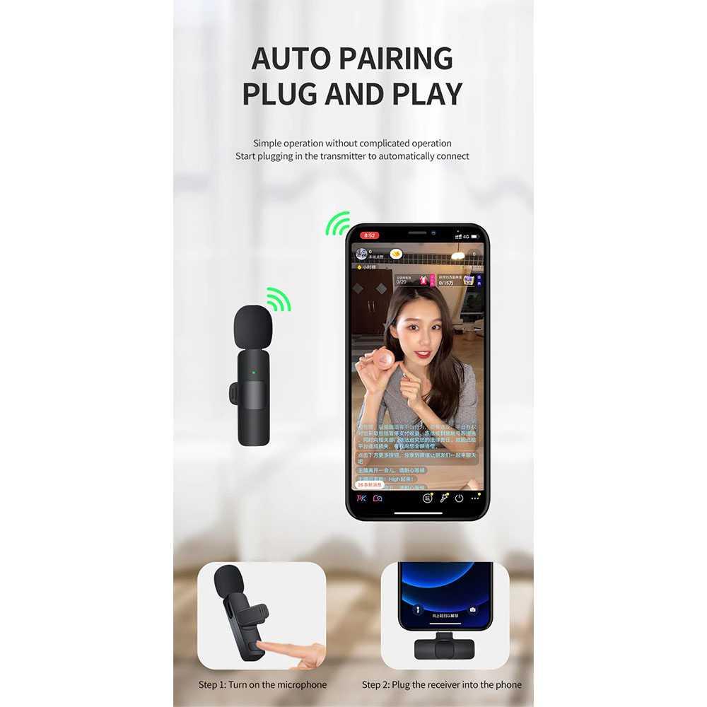 Wireless Mic Portable for Vlogging Live Streaming USB Type C - K8 - Black