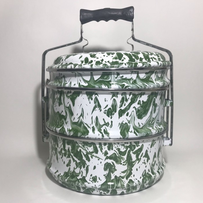 Rantang Rantang Enamel / Tenong Jadul 3 Susun Burik Blirik Lurik Loreng Hijau