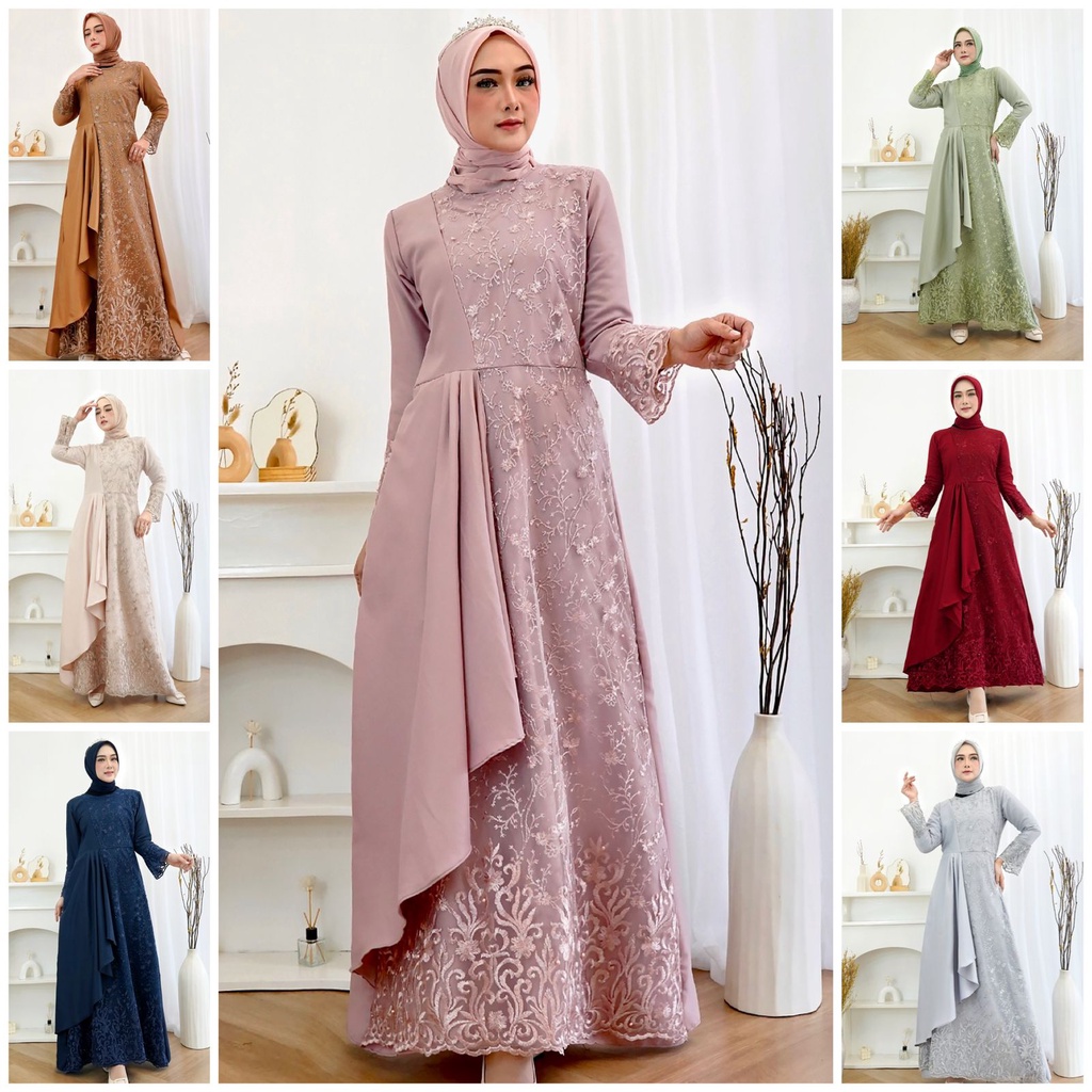 (100% RealPict) Gamis Mafaza Brokat Tile Bordir / GAMIS ZOLANA /Maxi Dress Lebaran Brukat TILLE